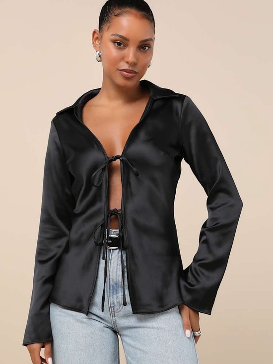 Lulus Tops - Lulus Coveted Aesthetic Black Tie-Front Long Sleeve Collared Top Medium